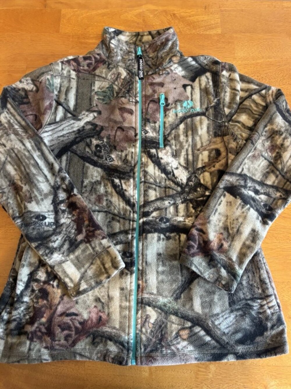 Mossy Oak Fleece Jacket Womens Medium Camo with Teal Trim Break Up Infinity